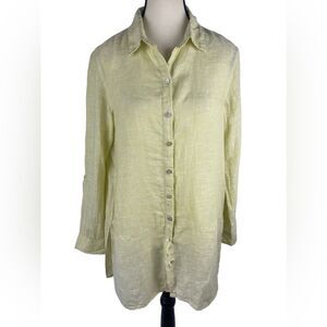 Tahari 100% Linen Button-Down yellow/lime green  Long Sleeve Tunic Top Sz S